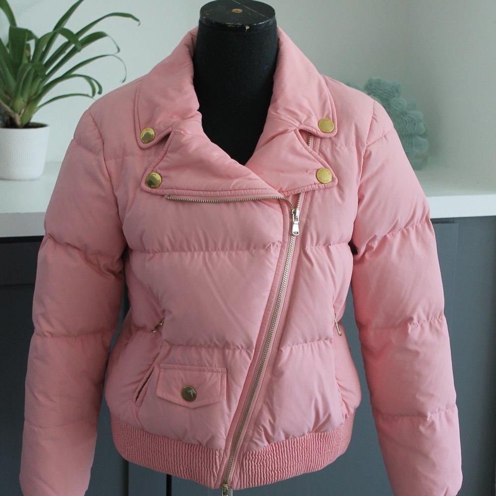 REDUCED MOSCHINO Boutique Pink Biker Puffer Jacket Asymmetrical Size M US 6 NEW - Picture 1 of 10